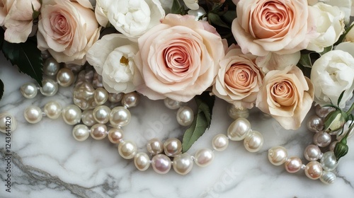 A luxurious combination of roses and pearls elegantly displayed on a marble surface, creating a sophisticated and timeless floral composition