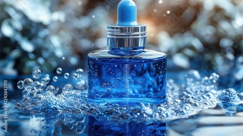 blue serum oil sample swatch round shape with bubbles isolated on transparent background