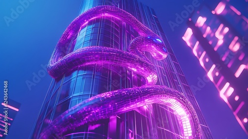 A holographic serpent coiling around a glowing futuristic skyscraper photo