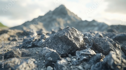 Close-up view of textured rocks in the foreground with a majestic mountain backdrop under a cloudy sky