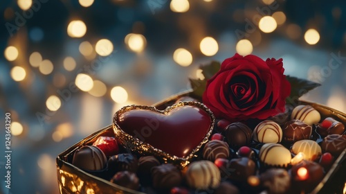 A beautifully arranged Valentine's gift, featuring a heart-shaped box of assorted chocolates, a deep red rose on top, and golden fairy lights glowing softly in the background