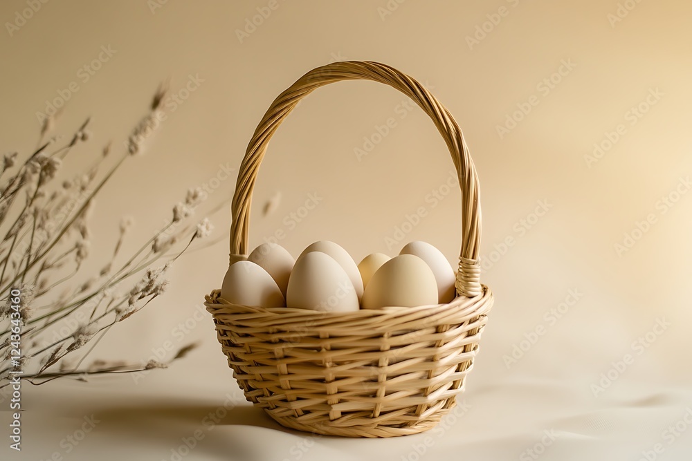 A wicker basket filled with fresh white eggs on a beige background. A wicker basket filled with fresh white eggs on a beige background.