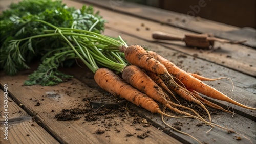 Freshly Harvested Carrots: A bunch of organically grown carrots, still clinging to their earthy tops and soil, rests on a rustic wooden table.