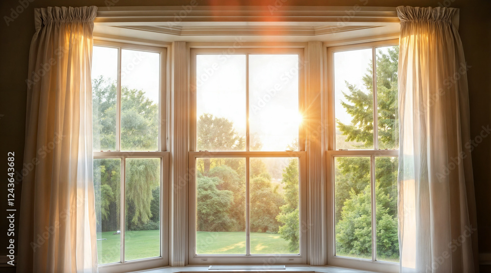 Sunlit bay window view. Golden hour light streams through sheer drapes. Serene landscape scene. Peaceful morning ambiance. Sunlit bay window view. Golden hour light streams through sheer drapes. Serene landscape scene. Peaceful morning ambiance.