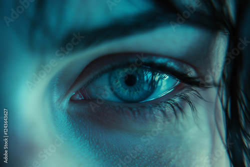 Close-up of a human eye showing intense detail with dilated pupils and intricate patterns reflecting light in a dimly lit environment photo