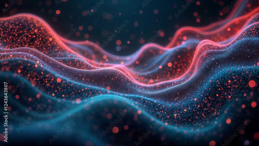 Abstract data visualization. Flowing network. Digital waves. Red and blue particles. Abstract data visualization. Flowing network. Digital waves. Red and blue particles.