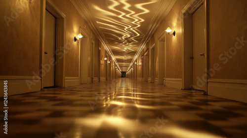 Corridor appears to stretch infinitely with soft lighting and reflective floor in a quiet building
