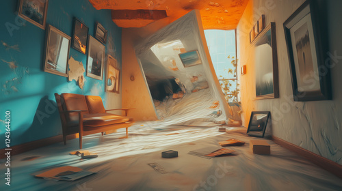 Distorted room with melting walls and surreal interior design capturing the essence of dreamlike imagination and creativity photo