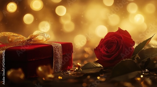 A cinematic Valentine's Day composition featuring a red velvet box, a golden ribbon, and a freshly bloomed red rose, set against a softly blurred golden bokeh