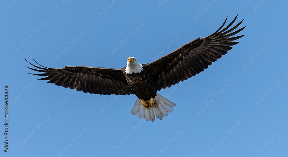 Fototapeta premium Majestic Bald Eagle in Flight: A Serene Blue Sky Portrait
