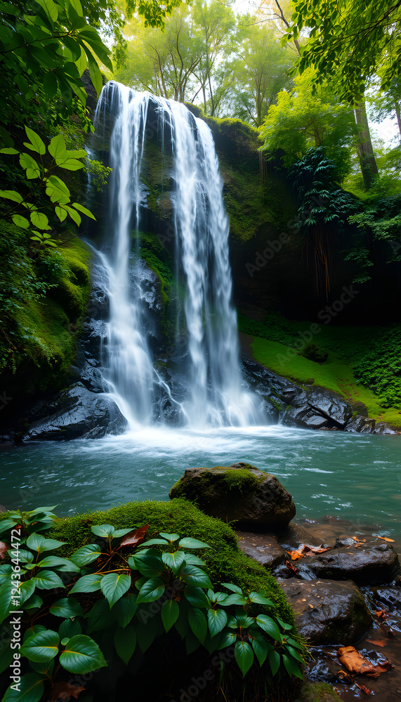 Obraz premium green nature and waterfall wallpaper background, vibrant. with white shades