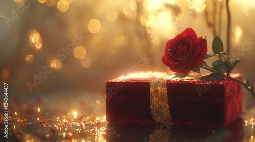 A cinematic Valentine's Day composition featuring a red velvet box, a golden ribbon, and a freshly bloomed red rose, set against a softly blurred golden bokeh