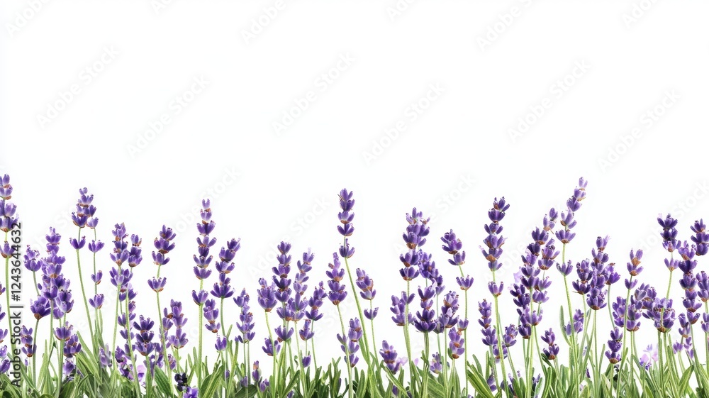 Naklejka premium Serene Rustic Field of Lavender Flowers in Full Bloom Under Clear Sky