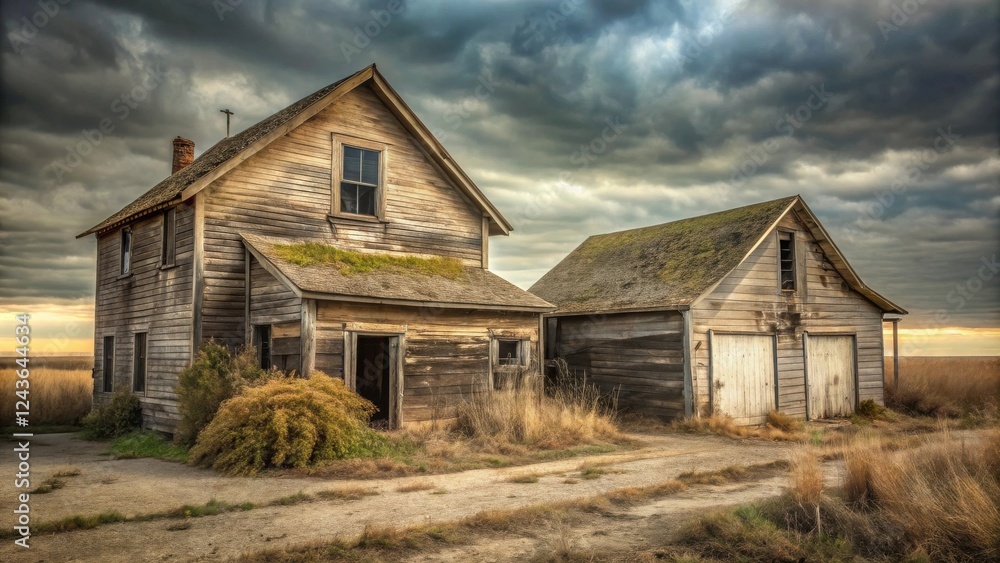 A weathered farmhouse and attached garage stand abandoned in a rural field under a dramatic sky A weathered farmhouse and attached garage stand abandoned in a rural field under a dramatic sky