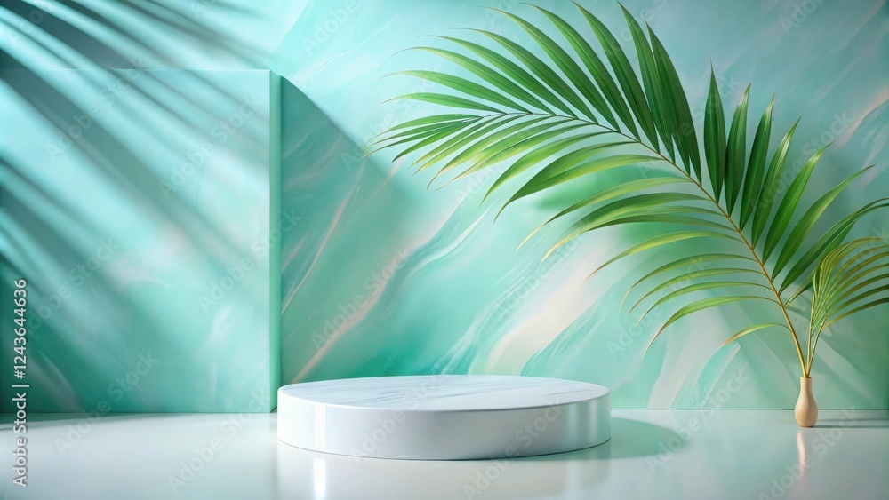 Fototapeta premium Serene Minimalist Product Display with Palm Frond and Subtle Lighting