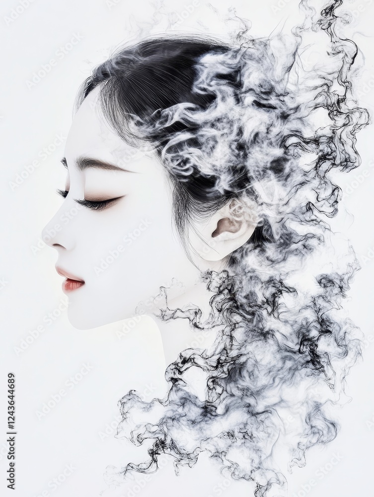 Fototapeta premium Serene Smoke Portrait - A woman's profile is artfully blended with swirling smoke, symbolizing mystery, tranquility, transformation, ephemerality, and inner peace.