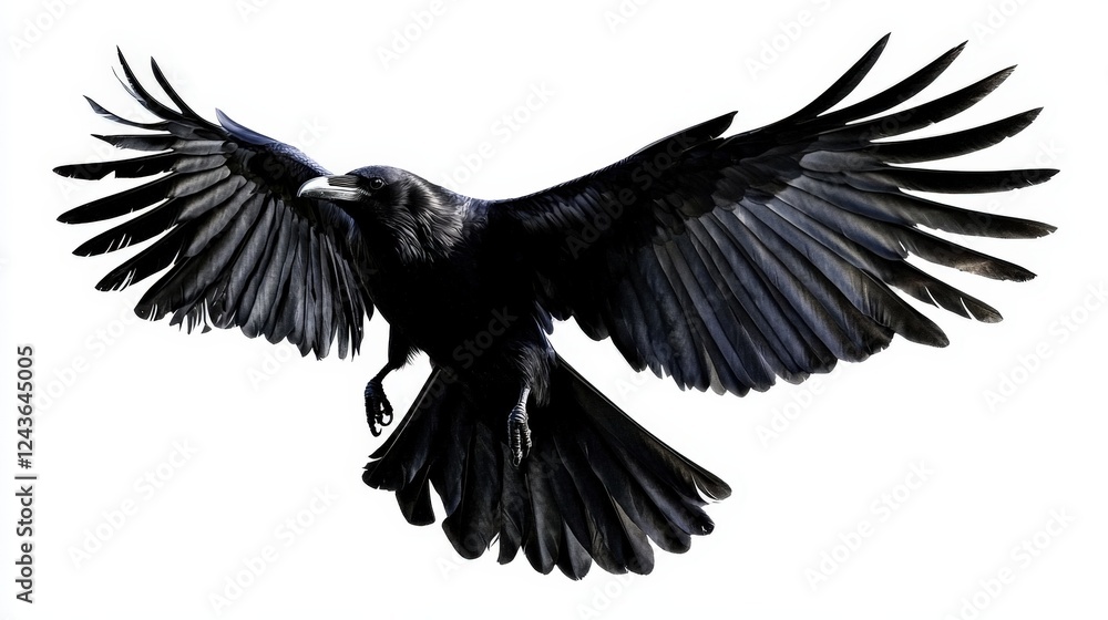 Obraz premium Ravens soaring against a stark white background.