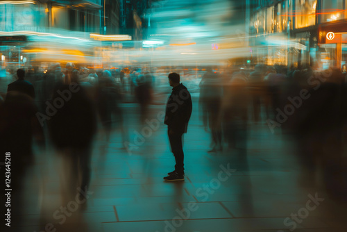 Man stands still in a busy street filled with rushing pedestrians and colorful lights during the evening in an urban setting