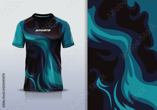 T-shirt mockup abstract fire flame sport jersey design for football, soccer, racing, esports, running, in green black color