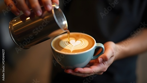 Barista Creating Perfect Latte Art, Professional Coffee Photography, Barista Pouring a Heart into Cappuccino, Close-Up of a Heart-Shaped Latte Art.