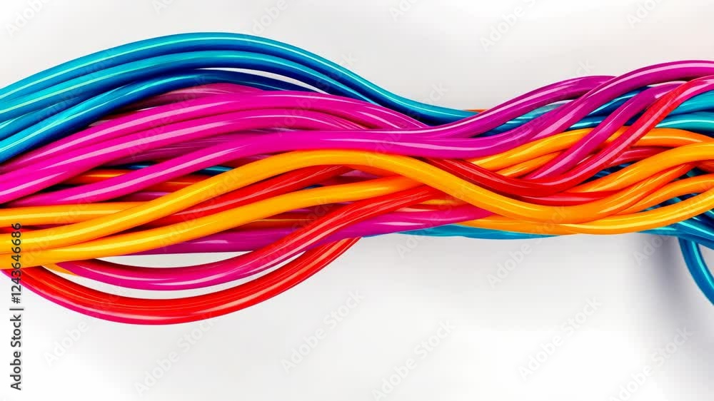 Glossy network cables weaving dynamically, intertwining on white surface, representing digital connectivity and data flow with abstract, vibrant visual composition Glossy network cables weaving dynamically, intertwining on white surface, representing digital connectivity and data flow with abstract, vibrant visual composition