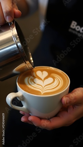 Barista Creating Perfect Latte Art, Professional Coffee Photography, Barista Pouring a Heart into Cappuccino, Close-Up of a Heart-Shaped Latte Art.
