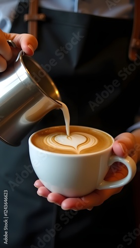 Barista Creating Perfect Latte Art, Professional Coffee Photography, Barista Pouring a Heart into Cappuccino, Close-Up of a Heart-Shaped Latte Art.