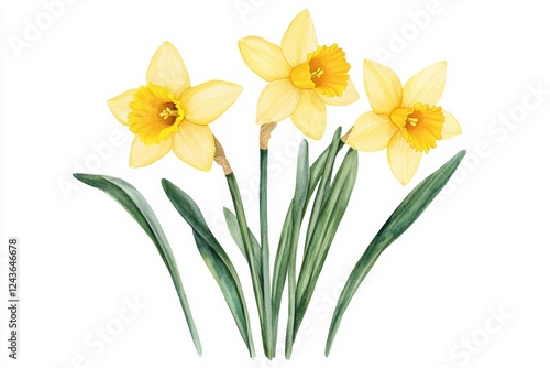 Bright Yellow Daffodils with Green Stems in Watercolor Style Artwork