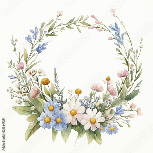 Pastel watercolour Spring Floral Wreath circle Frame