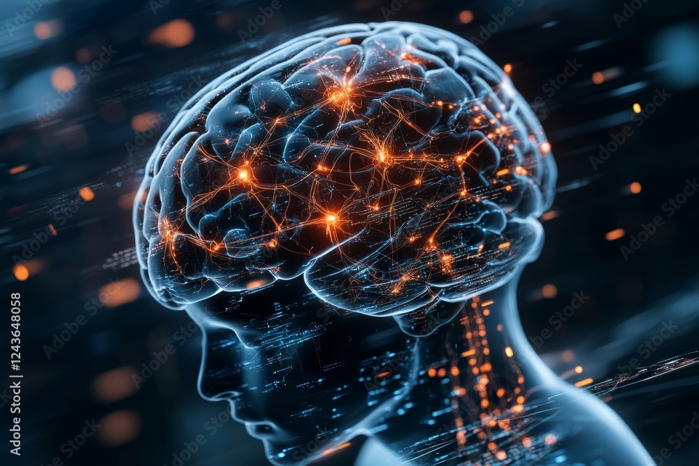 A vector illustration of a human brain with detailed neural pathways glowing in blue and red A vector illustration of a human brain with detailed neural pathways glowing in blue and red