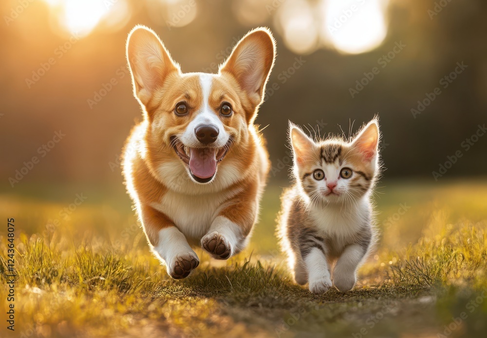 Happy corgi dog and playful kitten running together in a sunlit field during golden hour, showcasing friendship and joy in nature Happy corgi dog and playful kitten running together in a sunlit field during golden hour, showcasing friendship and joy in nature