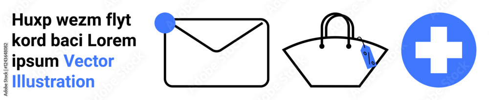 Envelope with notification dot, handbag with pen, and medical cross icon combine functionality and aesthetics. Ideal for communication, shopping, healthcare, branding, e-commerce, marketing Envelope with notification dot, handbag with pen, and medical cross icon combine functionality and aesthetics. Ideal for communication, shopping, healthcare, branding, e-commerce, marketing