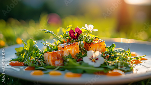 Gourmet Salmon Cubes on Arugula Salad with Flowers and Orange Drizzle Delightful Outdoor Meal