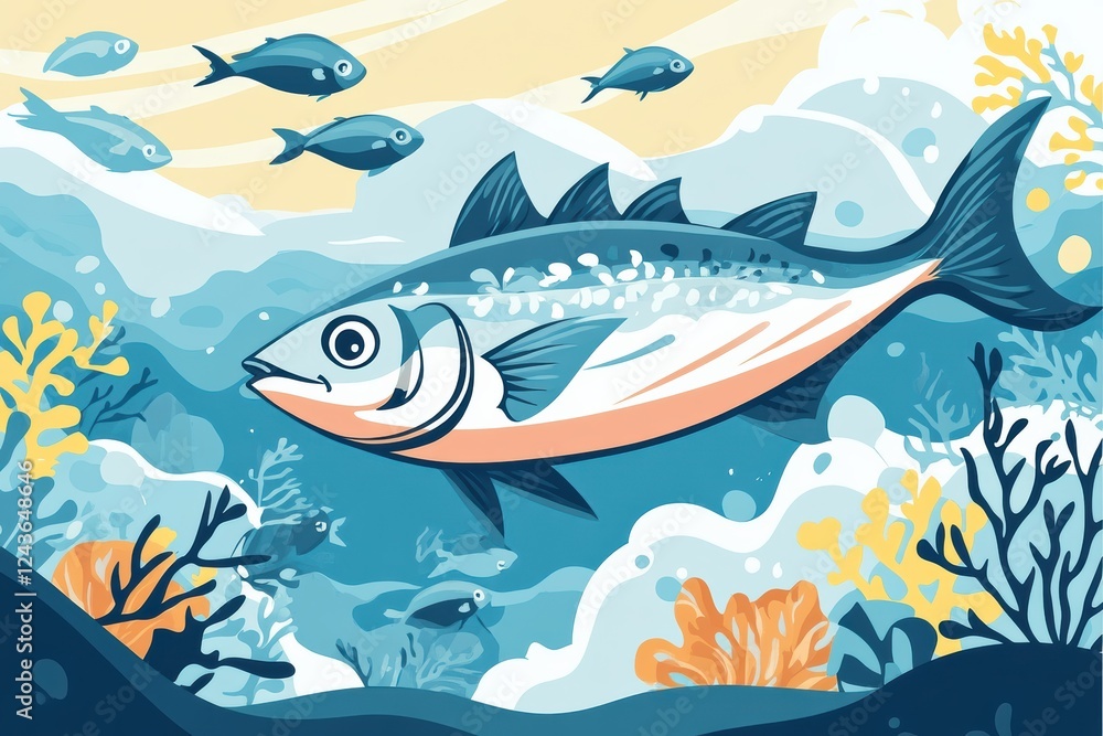 Fototapeta premium Graphic layout showcasing a vibrant underwater scene featuring various fish and coral