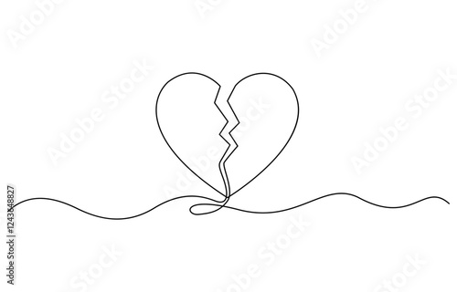 Broken Heart Continuous One Line Drawing. Heart is Broken One Line Minimal Art Drawing, Continuous line drawing. Broken heart. Black isolated on white background.