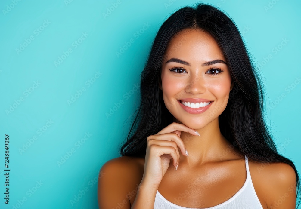 Smiling young woman with long dark hair, wearing a white top against a light blue background. She has a radiant complexion and is looking directly at Smiling young woman with long dark hair, wearing a white top against a light blue background. She has a radiant complexion and is looking directly at