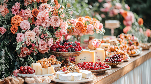 Luxurious Grazing Table Display with Roses Berries Cheese and Nuts Elegant Party Celebration Arrangement