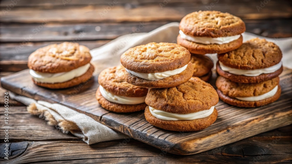 Crumbly Gingerbread Cookie Sandwiches with Creamy Buttercream Filling on a Distressed Wooden Table, table, rustic, table Crumbly Gingerbread Cookie Sandwiches with Creamy Buttercream Filling on a Distressed Wooden Table, table, rustic, table