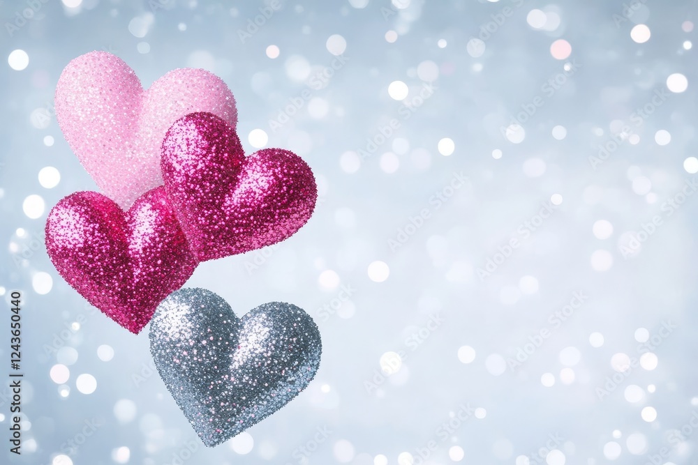 Fototapeta premium Sparkling Glitter Hearts Valentine's Day - Three glittering hearts in pink, fuchsia, and silver against a light blue bokeh background. Perfect for Valentine's Day cards, websites, and social media.