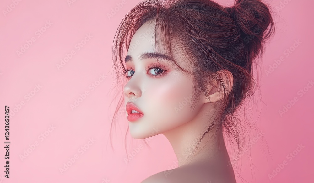 Close up portrait of a young woman with textured, dark hair styled in a bun against a light pink background. Soft lighting enhances her delicate Close up portrait of a young woman with textured, dark hair styled in a bun against a light pink background. Soft lighting enhances her delicate
