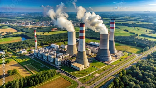 Aerial view of large chimneys from the Kozienice coal power plant in Poland Swierze Gorne, chimney, coal power plant photo