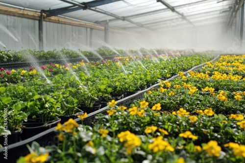 Efficient irrigation systems for vibrant flower beds in a greenhouse environment photo