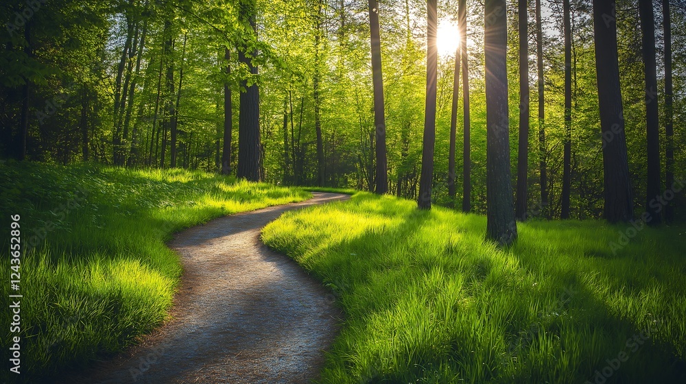Fototapeta premium A winding path in a beautiful forest morning time.
