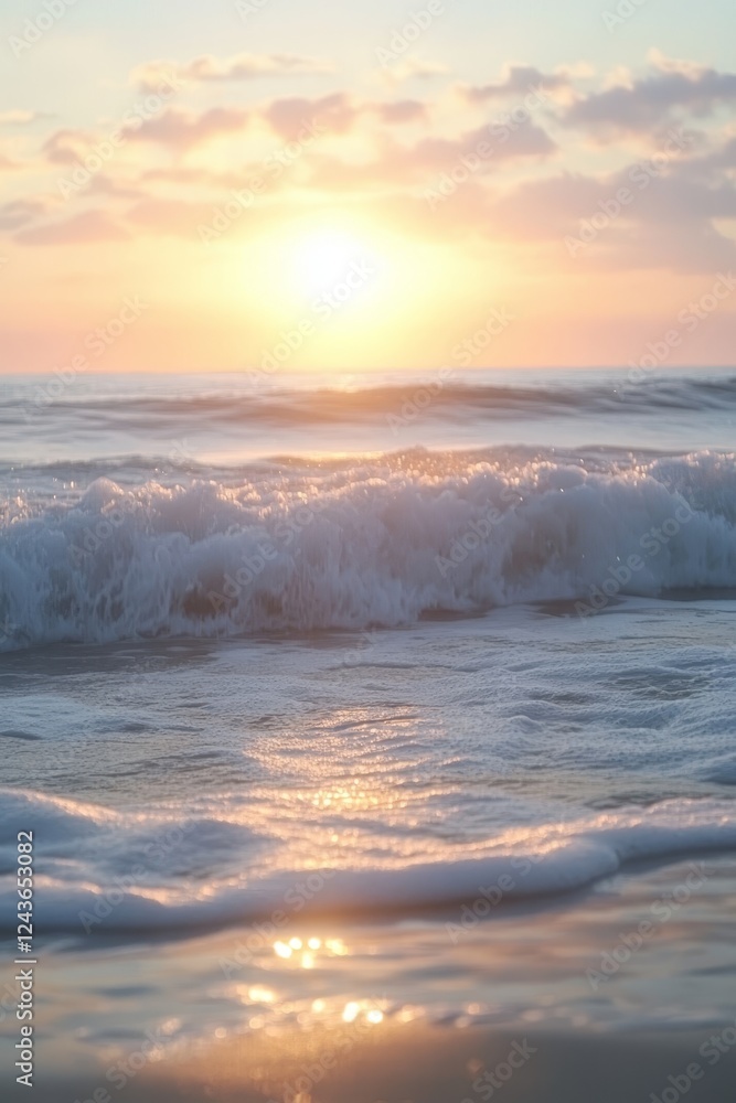 Fototapeta premium Serene Pastel Sunset over Coastal Ocean Waves, Tranquil Beach Background, Nature Seascape