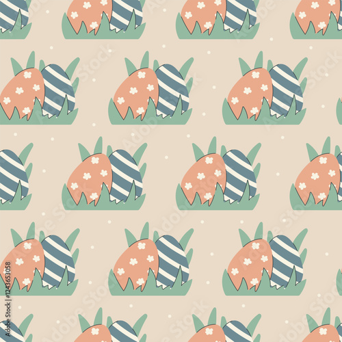 Two decorative pastel Easter eggs nestled in green leaves in grass. Vector seamless simple pattern. Soft earthy tones, hand-drawn style, perfect for spring holiday designs.