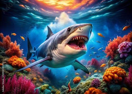 Surreal Underwater Great White Shark Attack; Open Jaws, Dramatic Pose