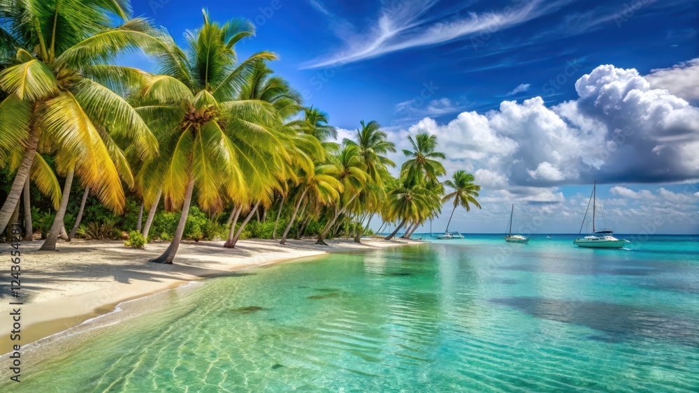 Obraz premium A palm tree-lined sandy beach with crystal-clear turquoise waters and a few sailboats anchored offshore