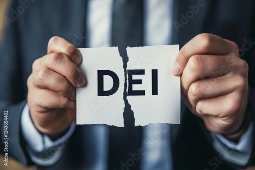 A businessman forcefully tears a sheet displaying DEI, signaling the end of Diversity, Equity, and Inclusion initiatives in corporate environments, impacting workplace dynamics and culture photo