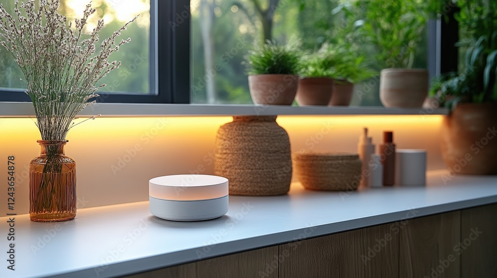 Fototapeta premium Modern interior with decorative plants and a smart device on a sleek countertop during sunset
