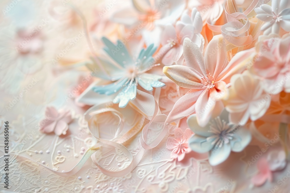Handmade Easter card adorned with pastel flowers and ribbons for seasonal crafts Handmade Easter card adorned with pastel flowers and ribbons for seasonal crafts